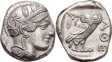 ATHENS , Tet, 449-413 BC, Athena head r/owl stg r, S2526; Choice EF, nrly center...