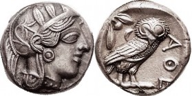 ATHENS , Tet, 449-413 BC, Athena head r/owl stg r, S2526; VF-EF, well centered & struck, decent metal with moderate tone, modest test nick betw owl's ...