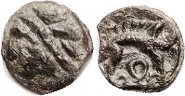 CELTIC , GAUL, Leuci, cast Potin, 17 mm, 1st cent BC, Head l., with diagonal band/boar stg l, 3 loops below; Depeyrot 141; VF, sl ragged edge, dark gr...