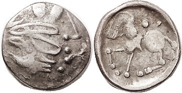 CELTIC , Eastern Europe "Sattelkopf" Tetradrachm, 2nd cent BC, a much abstracted...
