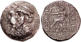 ELYMAIS , Kamnaskires III & Queen Anzaze, c. 82-80 BC, Ar Tet, Conjoined busts left, anchor behind/ Zeus std l., lgnd around, S6171 (£1250); VF+, obv ...