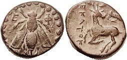EPHESOS , Æ16, c.390-300 BC, Bee/stag kneeling l, quiver above, magistrate Hekat...