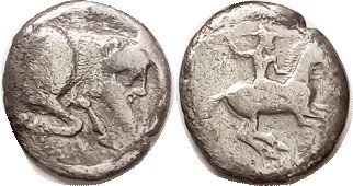 GELA, Didrachm, 490-475 BC, Horseman r, thrusting spear/Forepart of man-headed b...