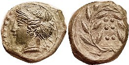 HIMERA, Æ16 (Hemilitron), 420-408 BC, Nymph hd l./6 pellets in wreath, S1110; VF...