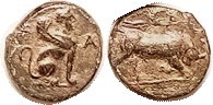 KAUNOS , Æ12, 350-300 BC, Bull butting r, wreath above/ Sphinx std r, S4820; AVF...