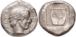 KOLOPHON , Drachm, 490-450 BC, Archaic Apollo head r, lgnd around/lyre in incuse...