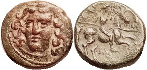 LARISSA , Æ18, 4th cent BC, Nymph head facg sl left/ horseman rt, VF, nrly cente...