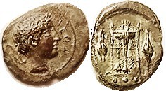 LEONTINI , Æ13x16 (Tetras), 405-402 BC, Apollo head r, leaf behind/tripod betw b...