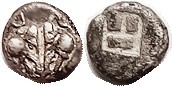 LESBOS , billon Diobol or 1/10 Stater, 1.26 gms, c.500-450 BC, 2 boar hds face-t...