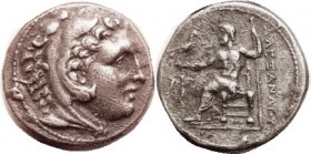 MACEDON , Alexander the Great, Tet, of Corinth, issued by Demetrios Poliorketes, Herakles head/Zeus std, Nike in left field, Pr.676; VF+/VF, nrly cent...