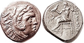 MACEDON , Alexander the Great, Drachm, of Kolophon, Herakles head r/Zeus std l, ...