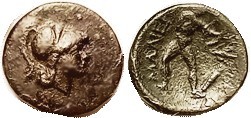 THE MALIANS , at Lamia, 400-344 BC, Æ14, Athena head r/Philoctetes stg r, shooting bow, quiver at rt; S2142; VF, rev centered sl high crowding head; d...