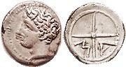 MASSALIA , Obol, 380-336 BC, Youthful head l./MA in wheel, S72; AEF, centered, w...