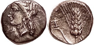 METAPONTUM , Nomos, 330-290 BC, Demeter head l, letters DEX retrograde below chi...