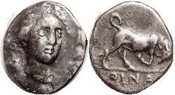 OINOE , Drachm, c.300 BC, Artemis head facg 3/4 rt/bull butting r, S4620 ( £750 ...