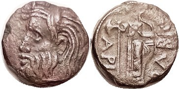 R OLBIA , Æ22, 3rd-1st cent BC, Bearded hd of River god Borysthenes l./Battle ax...