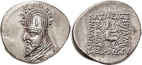 PARTHIA, Sinatrukes (Used to be Gotarzes I), Drachm, Sel. 33.4, bust in tiara with stags; Choice EF, well centered & quite sharply struck, superbly de...