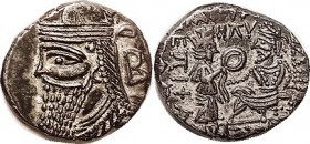 R PARTHIA, Vologases IV, Tet, Sellw 84.53; Bust l./Tyche giving wreath to std ruler; EF, centered on a smallish flan, quite sharply struck for this, g...