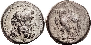 PERGAMON , Æ21, 133-27 BC, Asklepios head r/Eagle stg on thunderbolt, S3976; Cho...