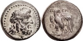 PERGAMON , Æ21, 133-27 BC, Asklepios head r/Eagle stg on thunderbolt, S3976; Choice VF/AVF, nrly centered, smooth dark green patina with pale earthen ...