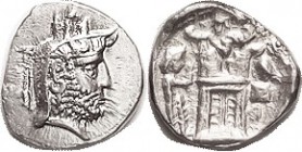 R PERSIS, Autophradates (Vadfradad) II, 2nd cent BC, Drachm, Head r in satrapal headgear, eagle atop/ fire altar etc, S6194 (Darius I), Alr. 547; Virt...