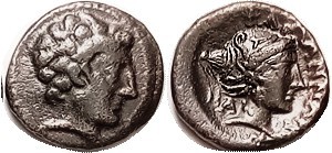PHALANNA , Æ18, c.350 BC, Youthful male hd r/Female head in sakkos r, S2180; AVF...