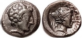 PHALANNA , Æ18, c.350 BC, Youthful male hd r/Female head in sakkos r, S2180; AVF/VF, rev sl off-ctr, glossy brown patina, nice, with a particularly go...