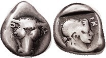 PHOKIS , Triobol, c. 480 BC, Facg bull head/Artemis head r, letters around, in incuse square, S2346 (£140); AVF/F, obv centered on teardrop shaped fla...