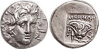 RHODES , Hemidrachm, c.170-150 BC, Helios hd facg sl rt/Rose, MNEMON above, thyrsos, in incuse square; EF, obv well centered, rev off-ctr but complete...