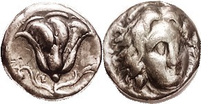 RHODES , Didrachm, c.340 BC, Helios head facg sl rt/Rose, grape bunch on vine & ...