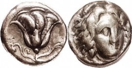 RHODES , Didrachm, c.340 BC, Helios head facg sl rt/Rose, grape bunch on vine & E; F+/AVF, centered on tight flan, decent metal with lt tone. metal wi...