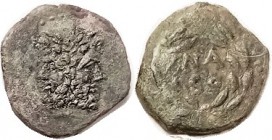 SICILY , Uncertain (Panormos?), Æ23, c. 200 BC, Janus head/NASO in 2 lines in wreath; VF+/F, centered on unround flan, olive green patina, rev a bit w...