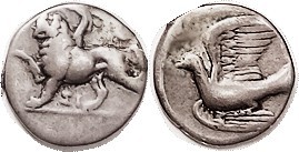 SIKYON , Hemidrachm, c.330-280 BC, Chimaera adv l./dove flying l; F+, sl off-ctr, good metal with medium tone, minor spot of corrosion on edge. (A F b...