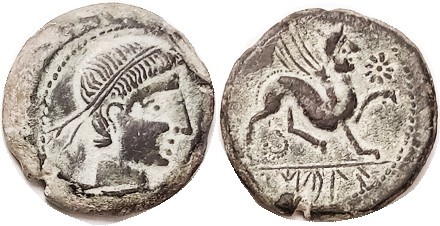 SPAIN , CASTULO, Æ26, 120-20 BC, Diademed head r/ Sphinx r, star; Choice AEF/VF+...