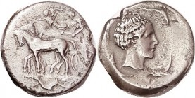 SYRACUSE, Tet, 466-405 BC, Quadriga l, Nike above, sea serpent below/Artemis-Arethusa head rt, 4 dolphins around, Boehr.595; AVF/VF, obv centered, rev...