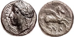 SYRACUSE , Æ14, 344-317 BC, Apollo head l./Pegasos r, A below; AVF, centered, dark greenish-brown patina, mildly rough. Actually very scarce. (The onl...