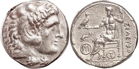 SYRIA , Antiochos I, 281-261 BC, Tet, in name of Seleukos I, Herakles head r/Zeu...