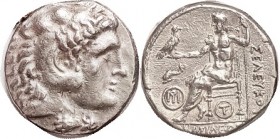 SYRIA , Antiochos I, 281-261 BC, Tet, in name of Seleukos I, Herakles head r/Zeus std l, dolphin above M monogram in circle, under seat T in circle, L...