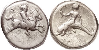 TARENTUM , Nomos, c.380-440 BC, Youth on horse racing rt/Taras on dolphin l, hld...