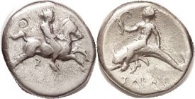 TARENTUM , Nomos, c.380-440 BC, Youth on horse racing rt/Taras on dolphin l, hldg akrostolion; Vlas.368; AVF, well centered & complete, bright freshly...