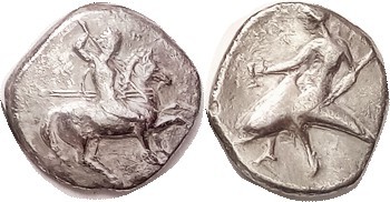 TARENTUM, Nomos, 332-302 BC, Youth on horse r, with 3 spears/Taras on dolphin l,...