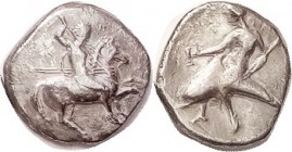 TARENTUM, Nomos, 332-302 BC, Youth on horse r, with 3 spears/Taras on dolphin l, hldg kantharos; AVF/F+, centered, decent bright metal, minor crudenes...