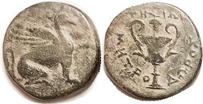 TEOS , Æ18, 370-330 BC, Griffin std r/Kantharos, magistrate Metrodoros; Nice F, ...