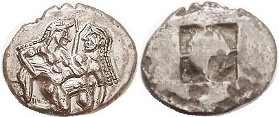 THASOS , Stater, 510-480 BC, ithyphallic Satyr carrying struggling nymph, previo...