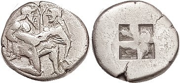 THASOS , Stater, 510-480 BC, ithyphallic Satyr carrying struggling nymph/4-part ...