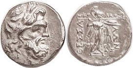 THESSALIAN League , Stater or Double Victoriatus, 196-146 BC, Zeus head r/Athena stg r, magistrates Nikolaos & Gorgias; EF, centered, obv subtly grain...