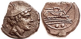 Sextans, Mercury head r/prow r, 2 pellets below, Cr.56/6, after 211 BC; VF, flan with straight break behind head & at rev top; obv centered, rev sl of...