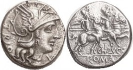 Cn. Lucretius Trio, Cr.237/1, Sy.450, 136 BC, Roma head r/ Dioscuri r; AEF, well centered & struck, sharp details, very sl traces of porosity, ltly to...