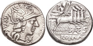L. Antestius Gragulus, Cr.238/1, Sy.451, 136 BC, Roma head r/Jupiter in quadriga...