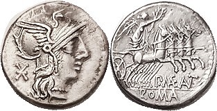 P. Maenius Antiaticus,, Cr.249/1, Sy.492, 132 BC, Roma head r/ Victory in quadri...